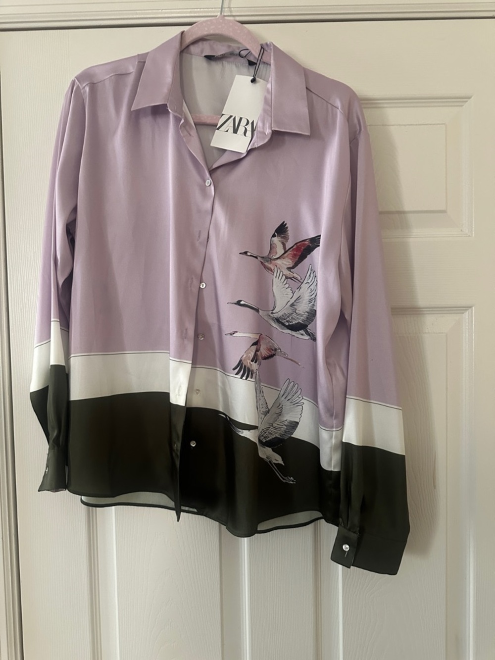 ZARA Lavender and Black Bird-Print Button-Down Shirt